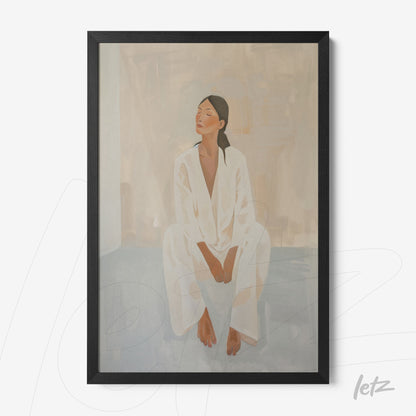 framed artwork featuring a minimalist portrait of a woman in white clothing