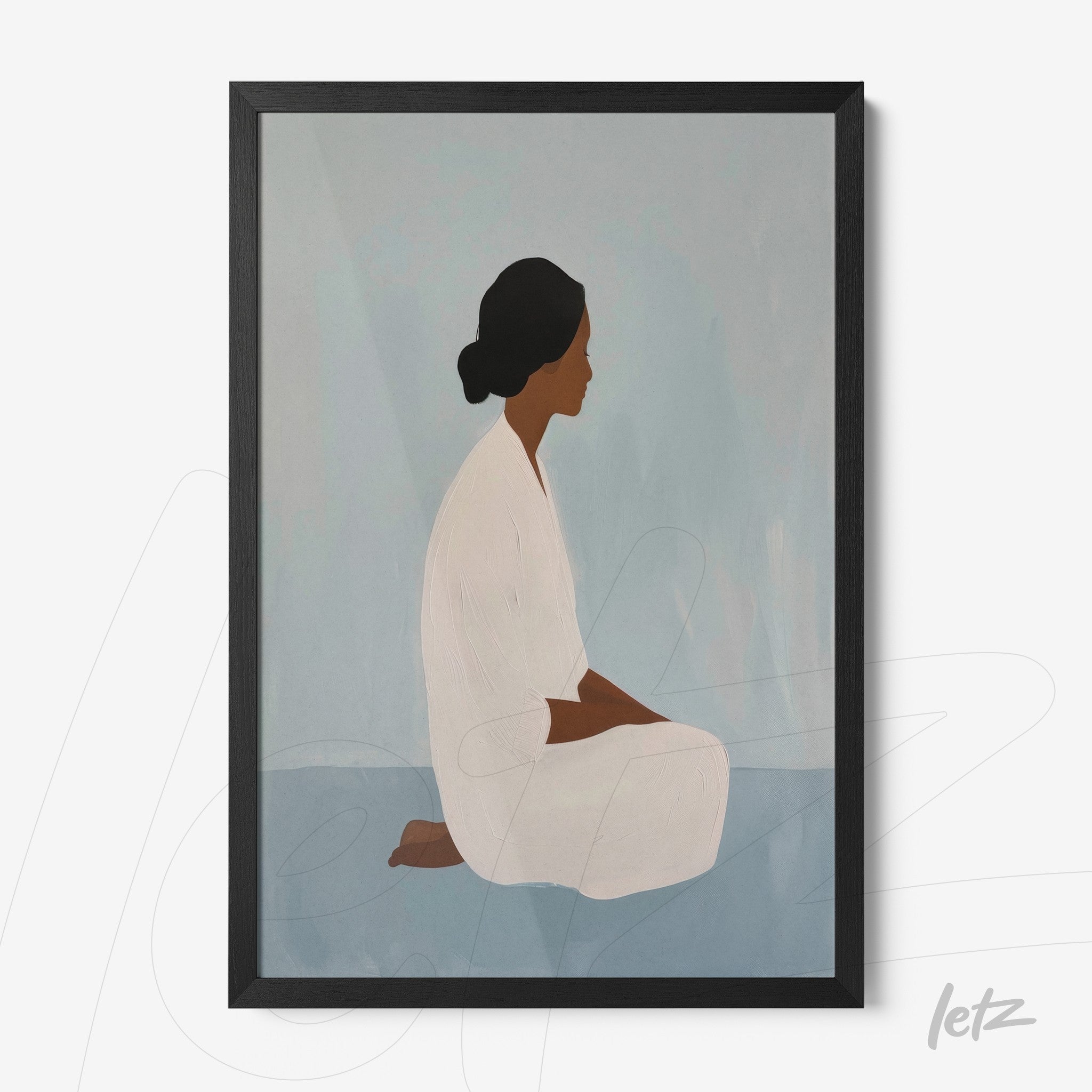 framed minimalist artwork of a seated woman on soft blue background with black frame