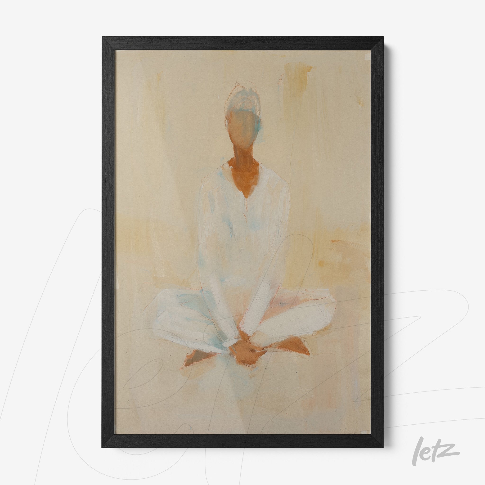 framed abstract art of a seated human figure in meditation pose with light tones in the background