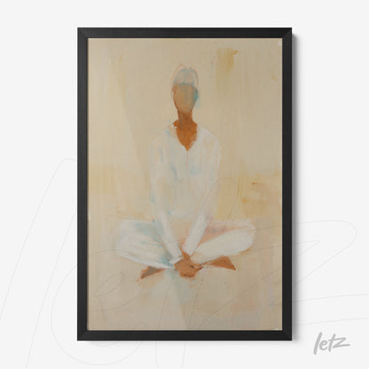 framed abstract art of a seated human figure in meditation pose with light tones in the background