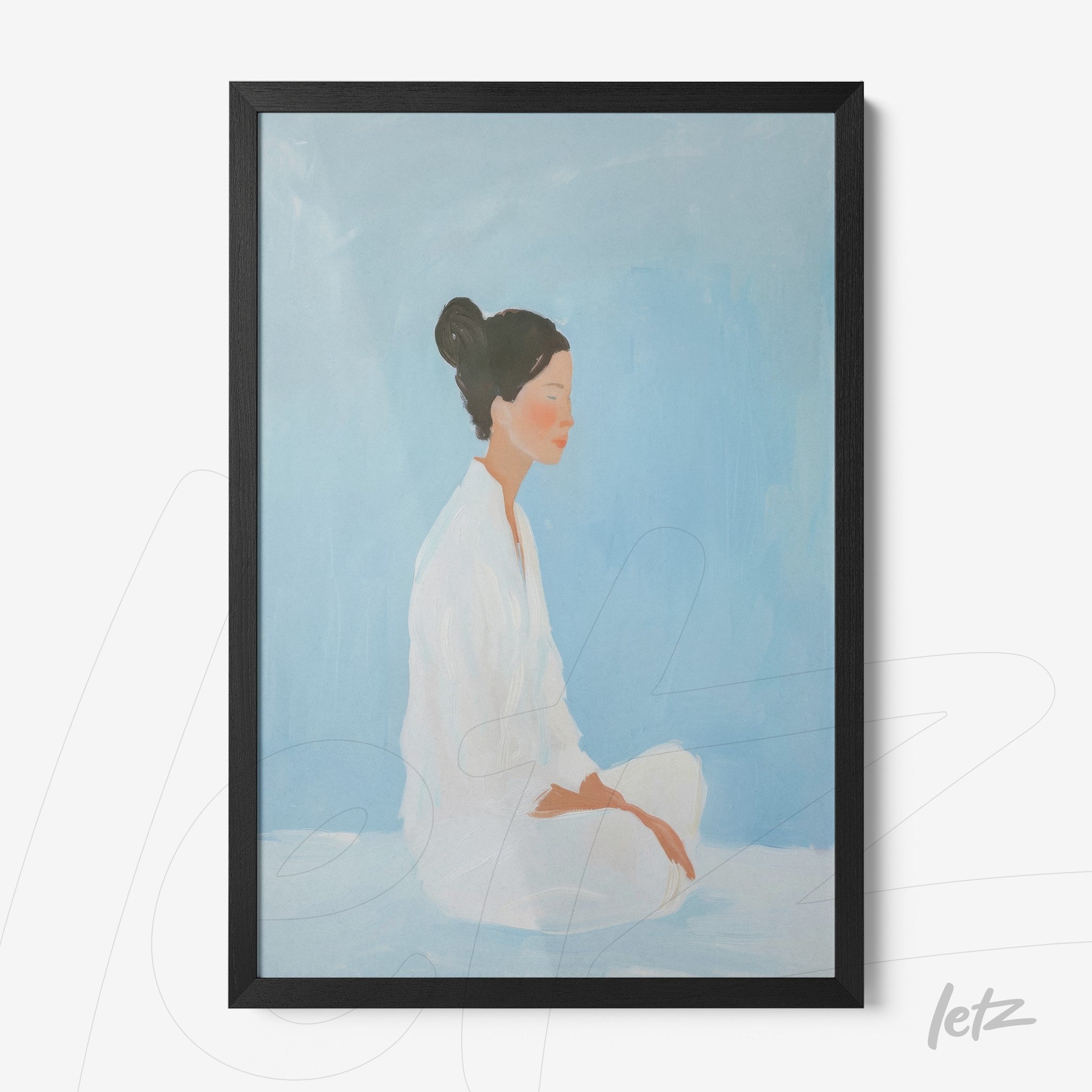 minimalist framed art of a woman meditating against a soft blue background