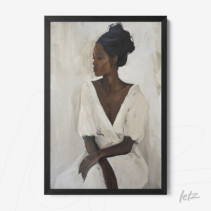 framed artwork depicting a black woman in a white dress against a neutral background with a black frame