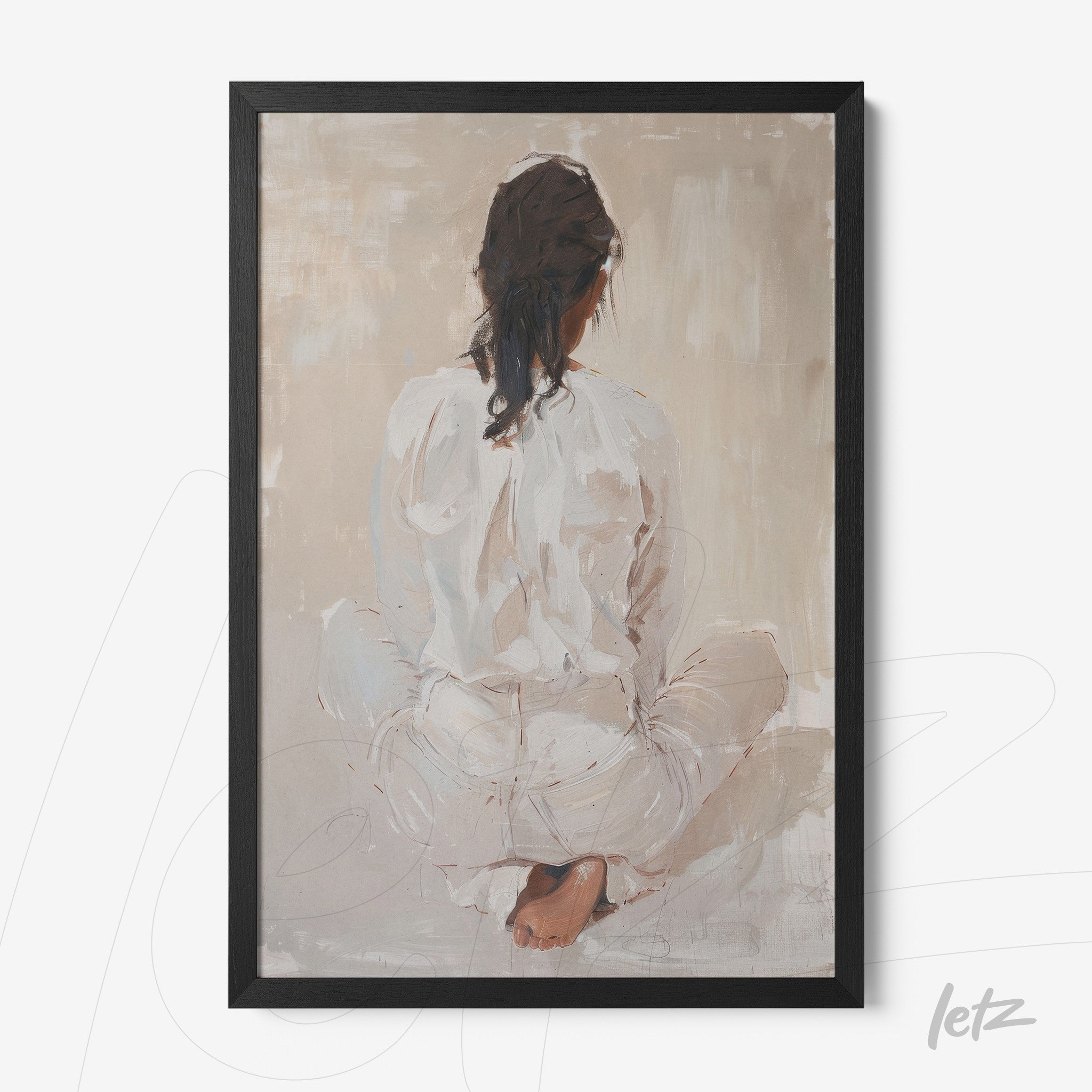 framed artwork featuring a woman sitting with her back turned, dressed in white, against a neutral background
