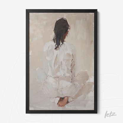 framed artwork featuring a woman sitting with her back turned, dressed in white, against a neutral background