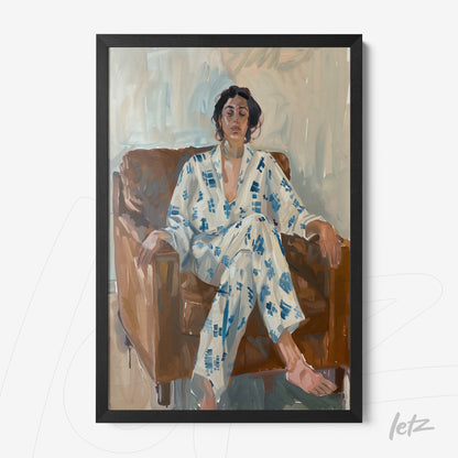framed art depicting a woman sitting on a brown sofa, wearing light pajamas with blue patterns