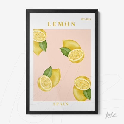 framed artwork featuring sliced and whole lemons on a pink background with a black frame