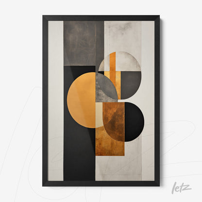 framed wall art featuring abstract design in black, gray, and gold with geometric circular and rectangular shapes