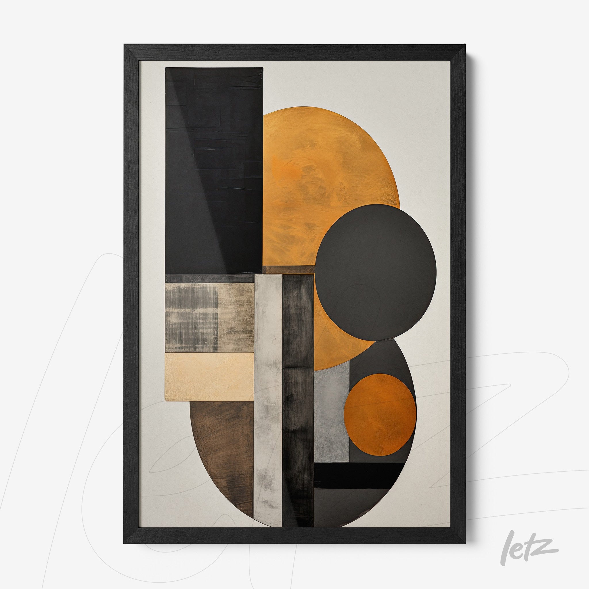 framed wall art featuring abstract design in black, orange, and gray with geometric shapes on a light background