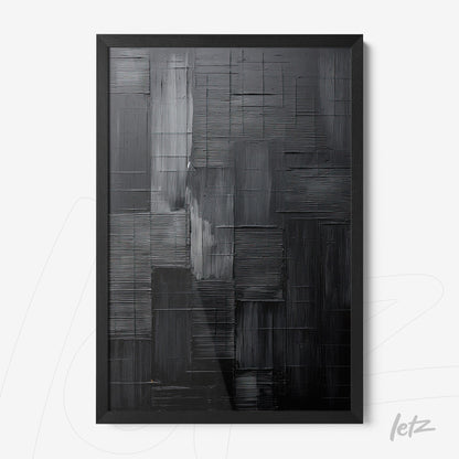 abstract wall art in shades of gray with bold texture framed in black