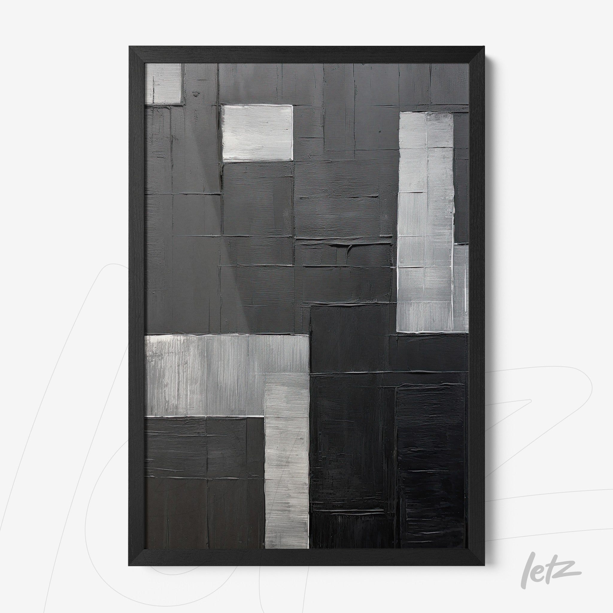 abstract artwork in shades of gray featuring distinct textures and black frame