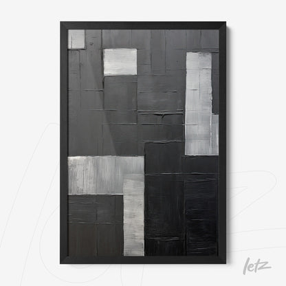 abstract artwork in shades of gray featuring distinct textures and black frame