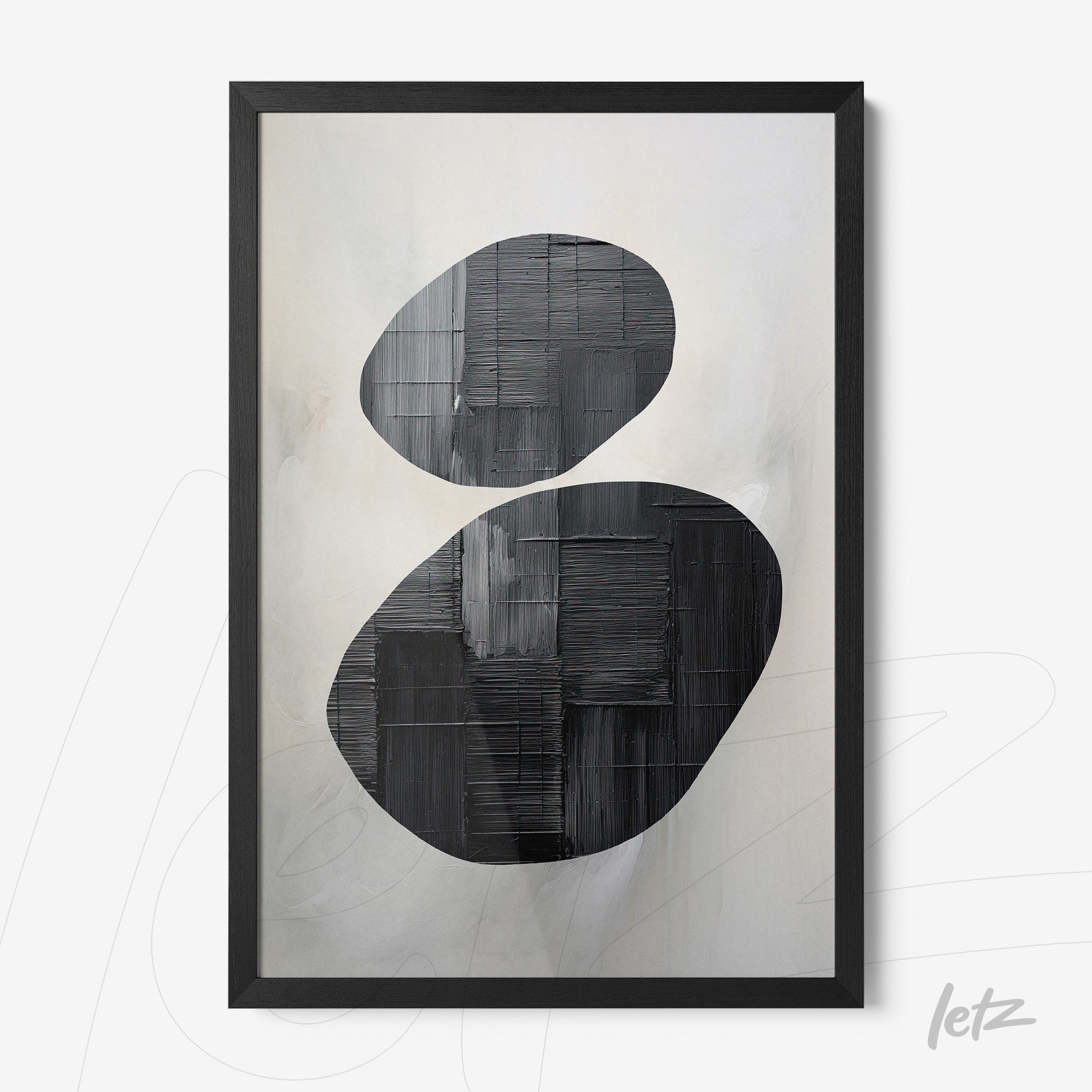 modern artwork featuring abstract shapes in black and white with a black frame