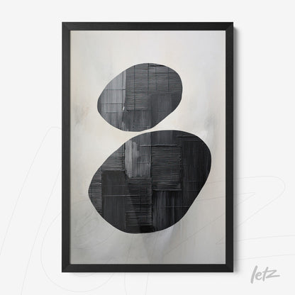 modern artwork featuring abstract shapes in black and white with a black frame