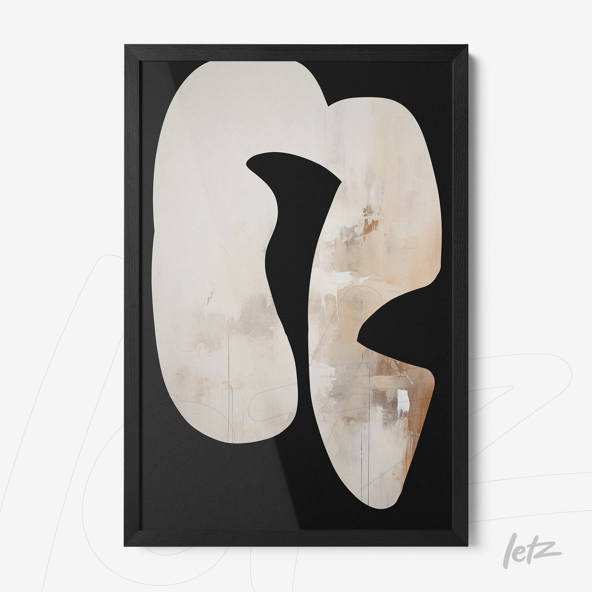 framed abstract art with neutral tones and asymmetrical shapes