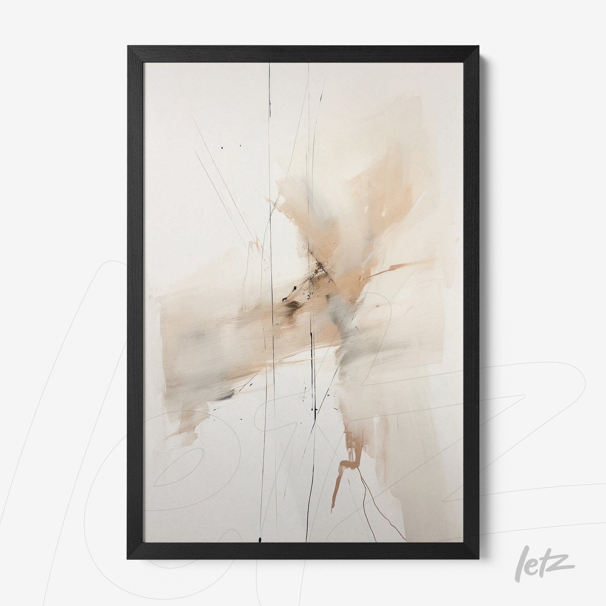 framed abstract art piece in neutral tones with fine lines and black frame