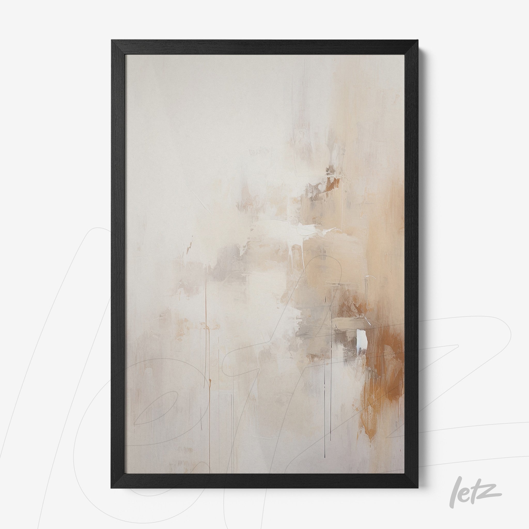 framed abstract wall art in neutral and earthy tones with black frame