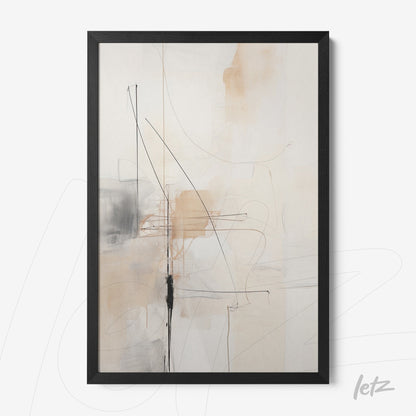 abstract wall art in black frame featuring lines and shapes in light and earthy tones
