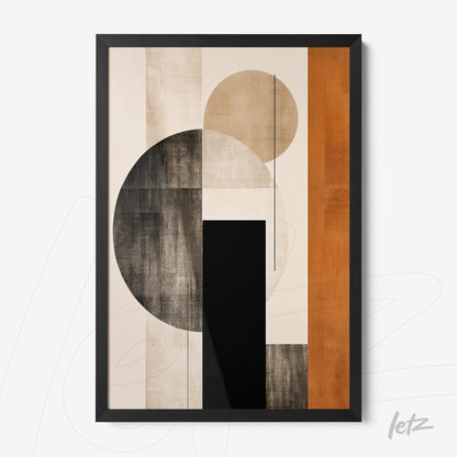 framed artwork featuring an abstract composition of geometric shapes in shades of brown and black