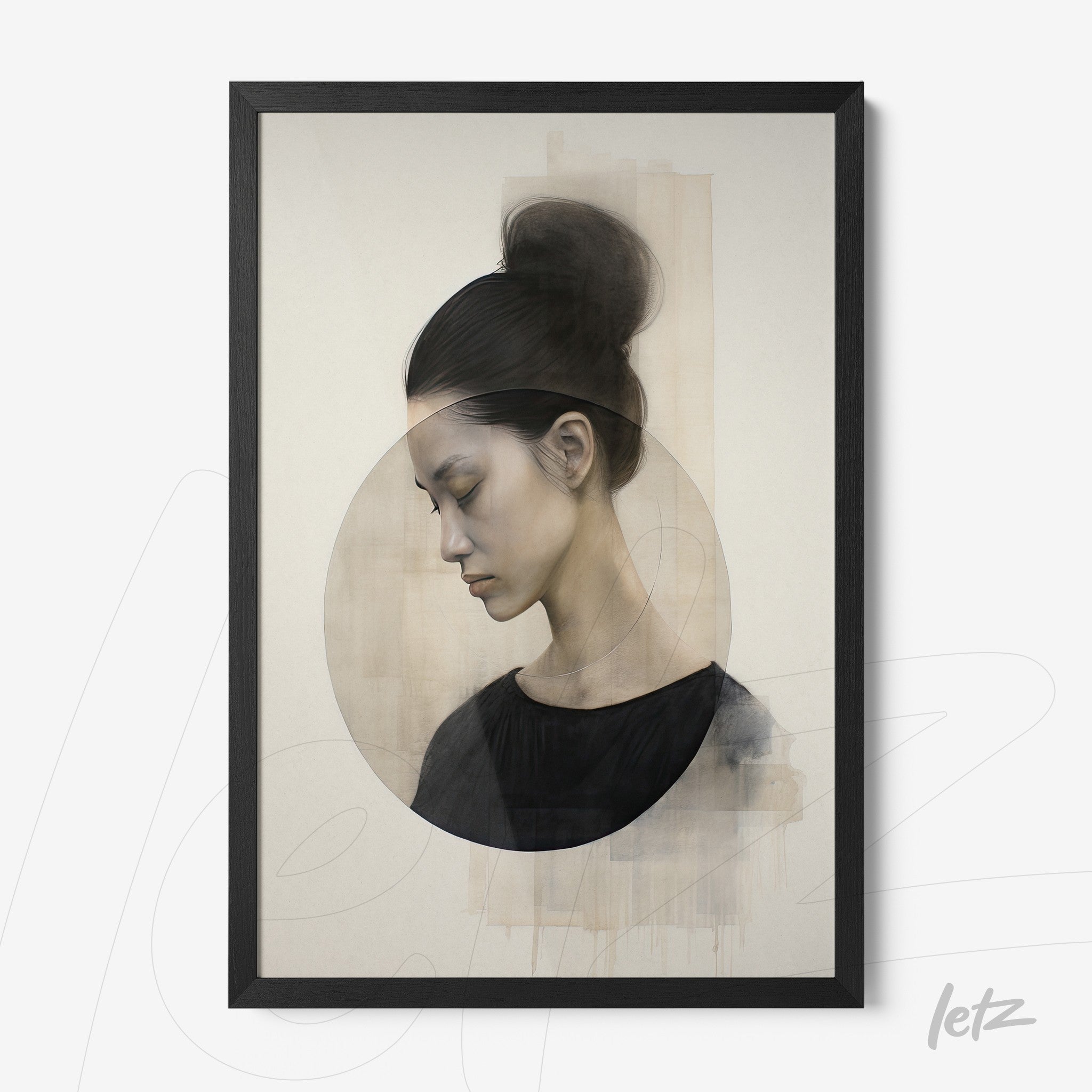 framed contemporary art featuring a profile of a woman with circular overlays on a soft background