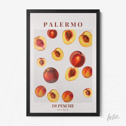 framed wall art featuring peaches on a white background with black frame and red text PALERMO and DI PESCHE