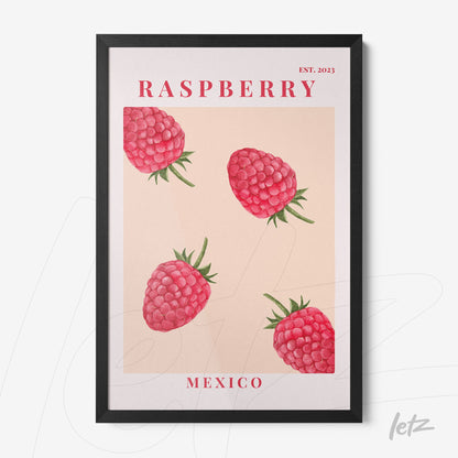 framed art featuring raspberries on a soft background with black frame