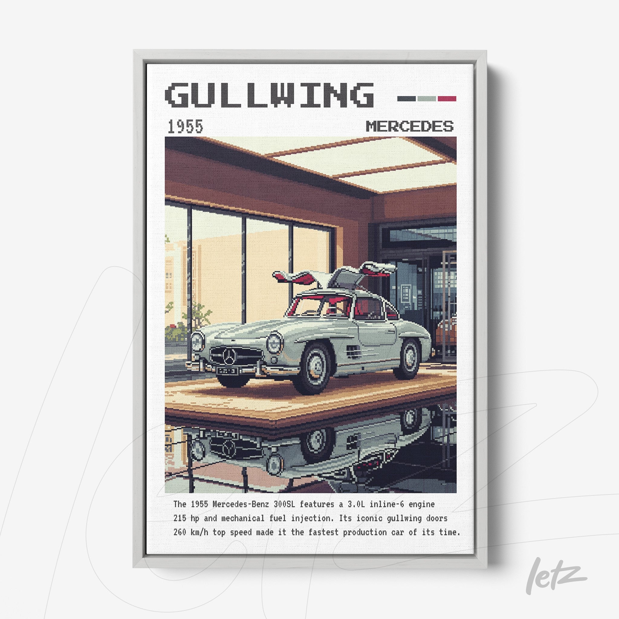 pixel art wall art featuring the 1955 Mercedes-Benz 300SL Gullwing in a white frame