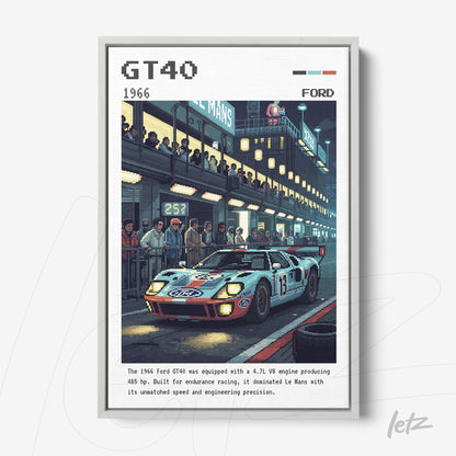 framed retro illustration of the Ford GT40 race car with a silver frame