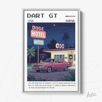 retro style wall art featuring a dodge dart gt in front of a motel with white frame