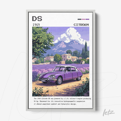 framed digital art of a 1969 Citroën DS car in a countryside setting with mountains in the background
