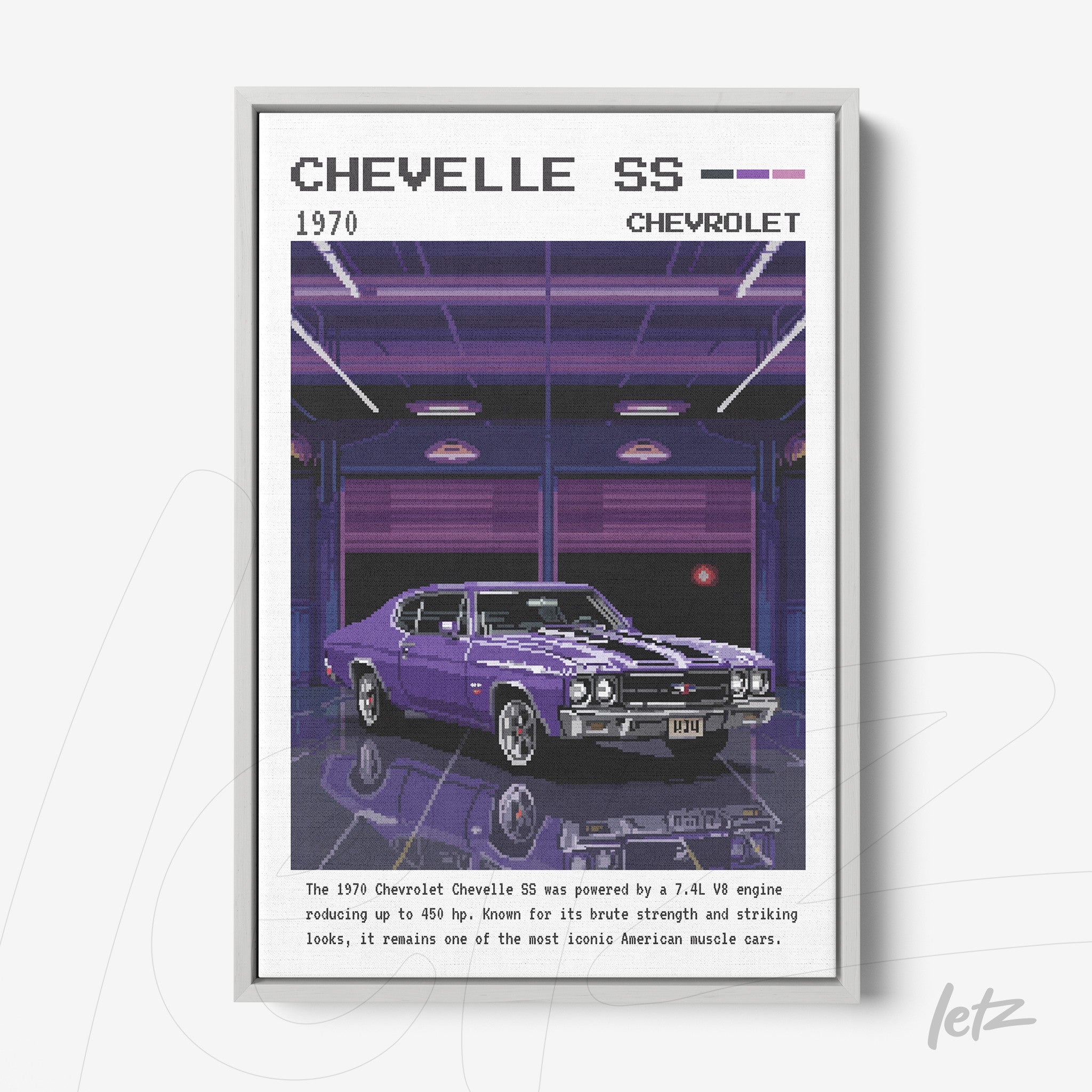 framed digital art of 1970 chevelle ss in retro style with silver frame and dark blue gradient background