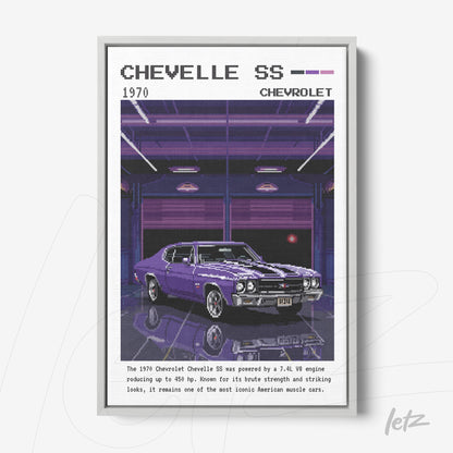 framed digital art of 1970 chevelle ss in retro style with silver frame and dark blue gradient background