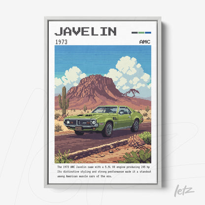 retro style framed art of the 1973 AMC Javelin against a mountainous landscape with cactus details