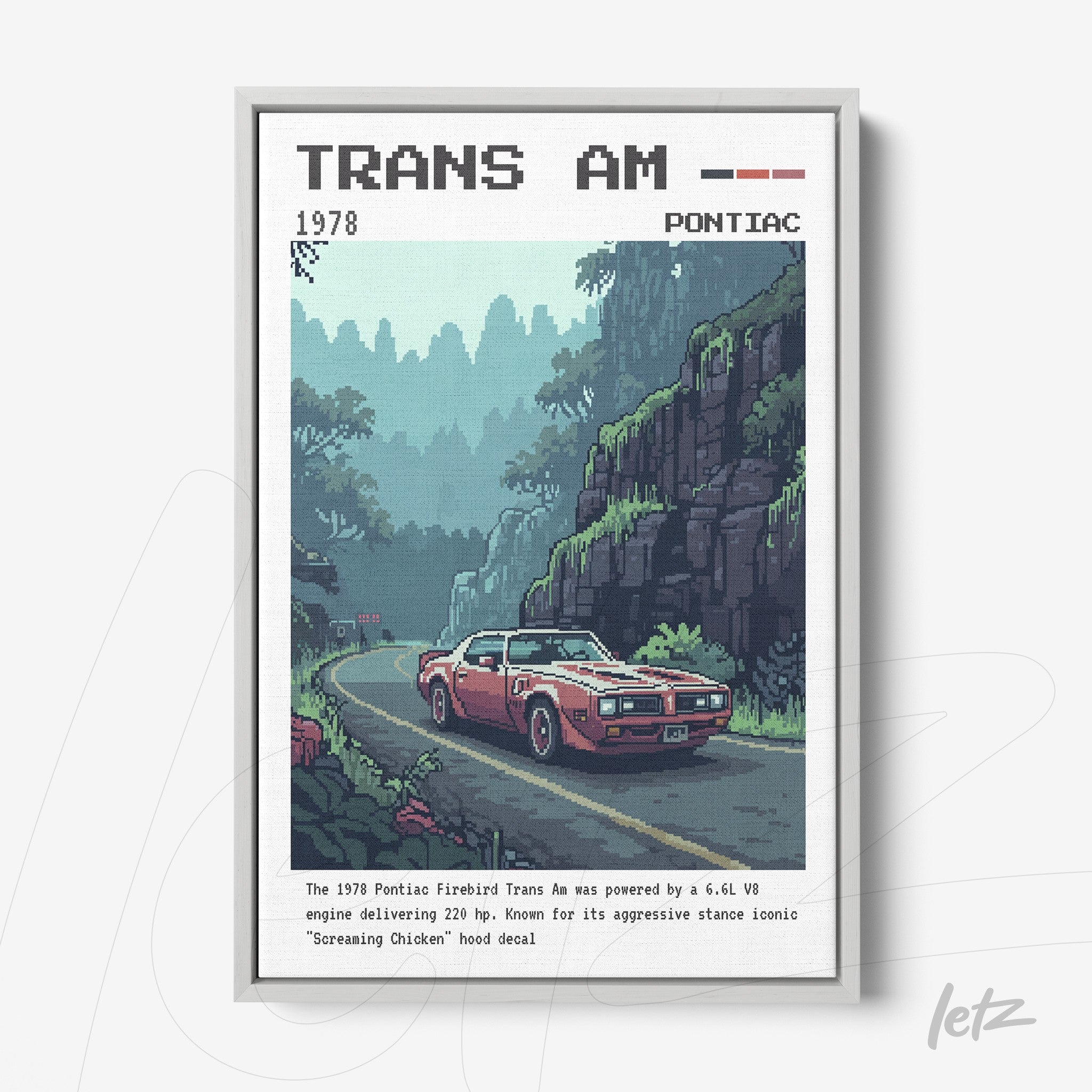 framed pixel art of a 1978 Pontiac Trans Am sports car on a winding road with mountains in the background, featuring a white frame and retro styling