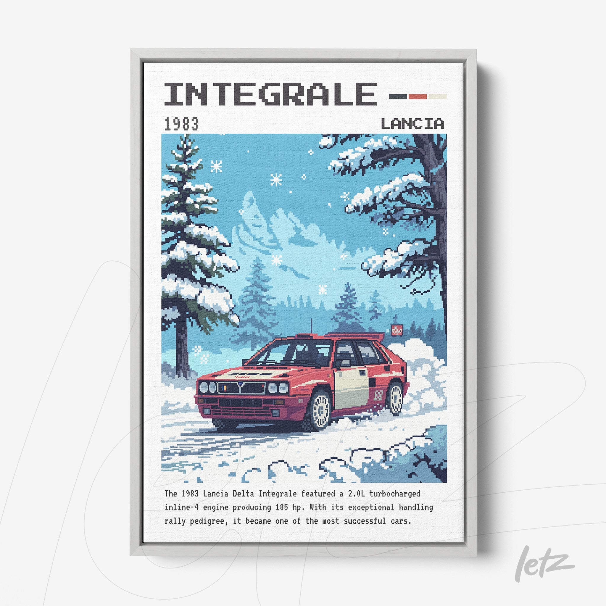 framed pixel art illustration of a lancia delta integrale in a winter landscape with snow and trees in a white frame