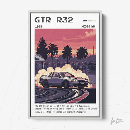 framed digital art of nissan skyline gt-r r32 in a drift scene with smoke and palm trees in the background