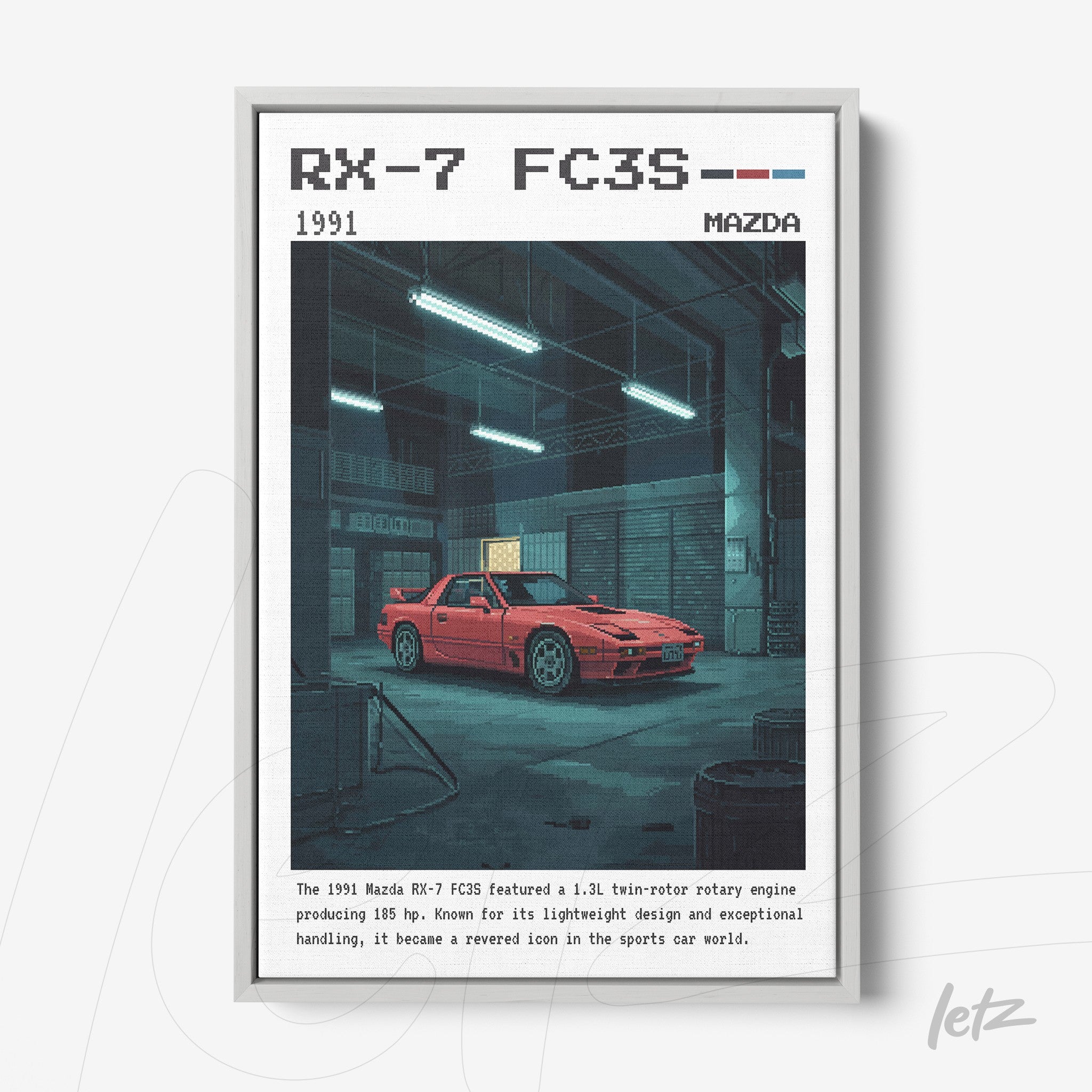 pixel art print of a 1991 Mazda RX-7 FC3S in a dimly lit garage with cool lighting