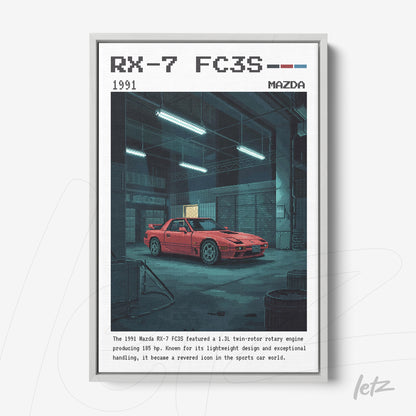 pixel art print of a 1991 Mazda RX-7 FC3S in a dimly lit garage with cool lighting