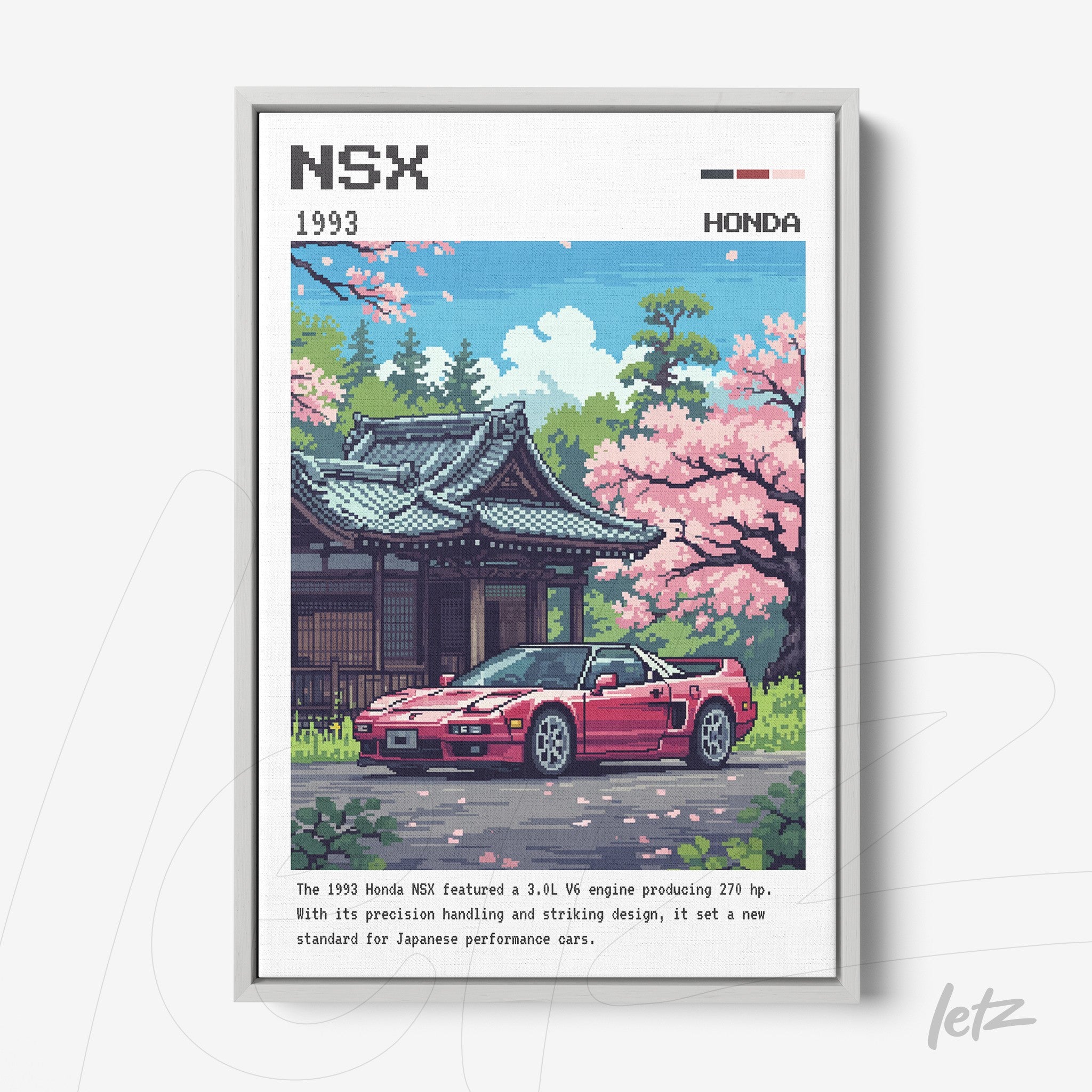 pixel art of a Honda NSX in front of a Japanese temple with cherry blossom trees in a white frame
