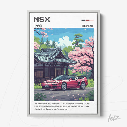 pixel art of a Honda NSX in front of a Japanese temple with cherry blossom trees in a white frame