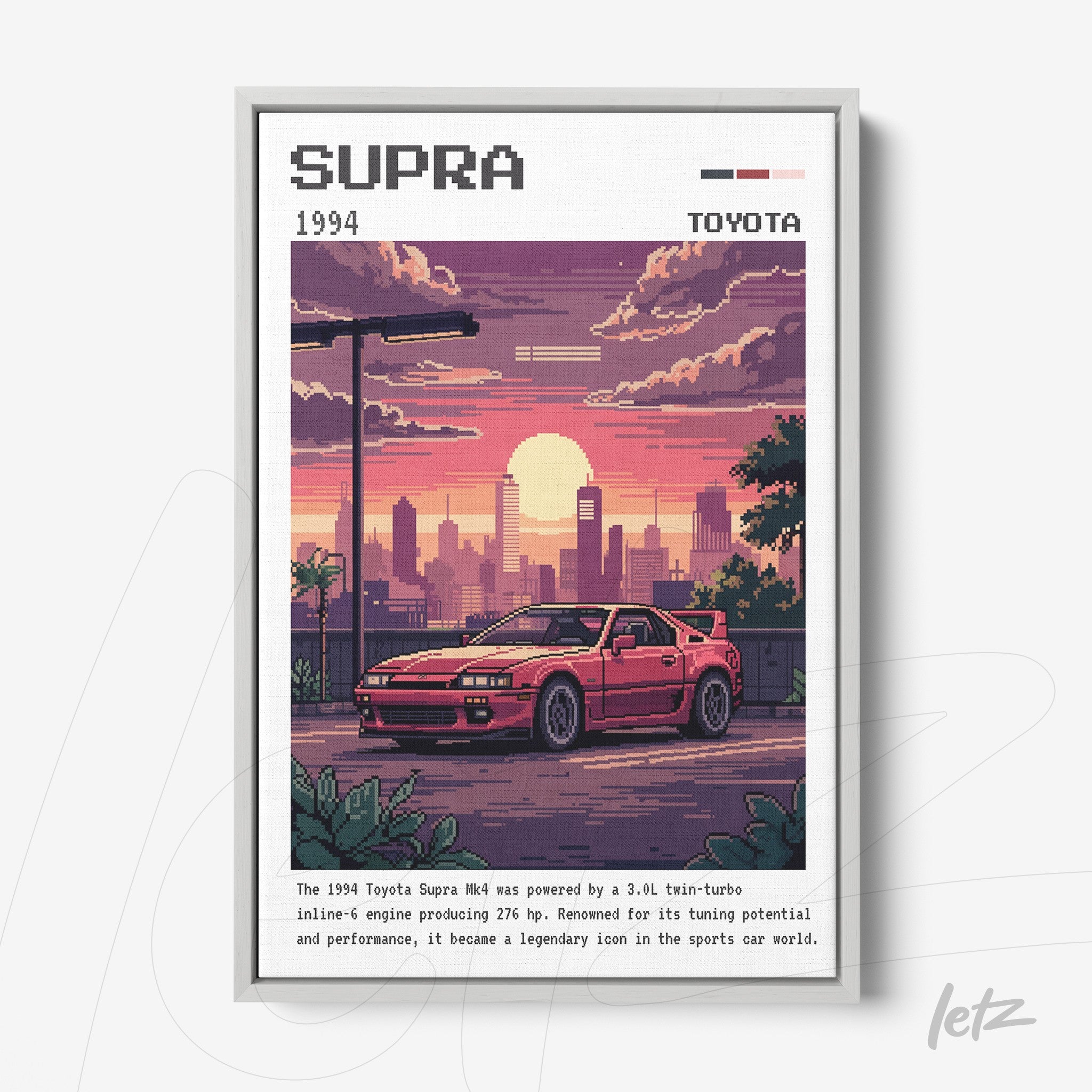 pixel art framed print of a Toyota Supra car in front of a sunset with a white frame