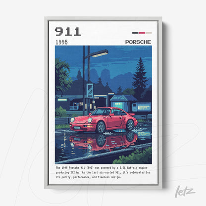 framed digital art of a 1995 Porsche 911 reflecting in water with a white frame