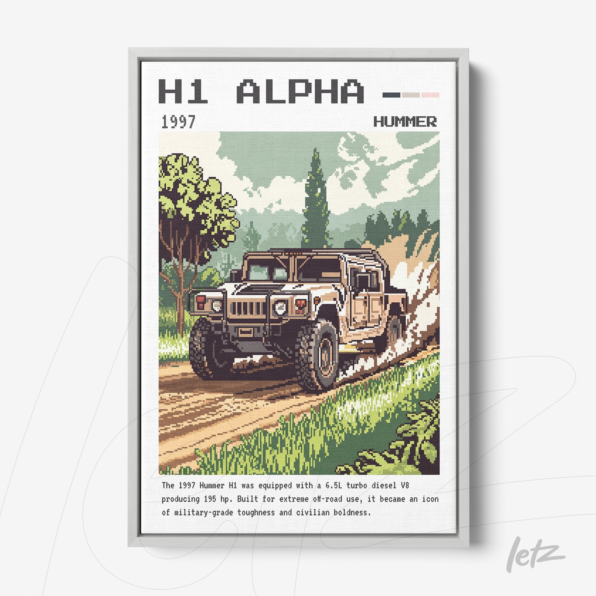 framed retro art of a hummer h1 driving on a dirt road with greenery in the background