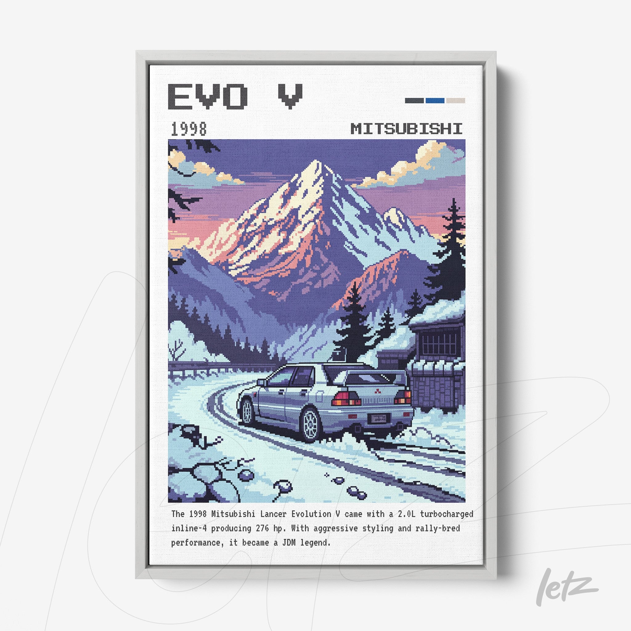 pixel art framed illustration of a Mitsubishi Lancer Evolution V on a mountain road with a light gray frame
