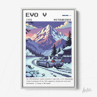 pixel art framed illustration of a Mitsubishi Lancer Evolution V on a mountain road with a light gray frame