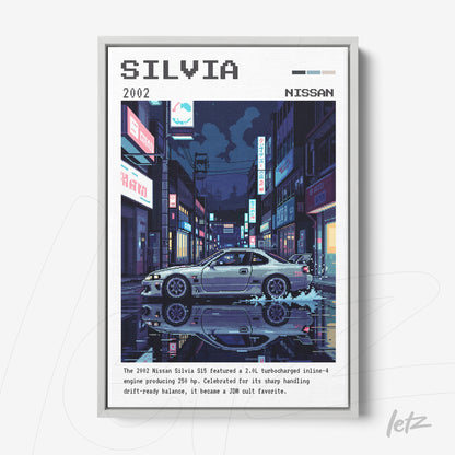 digital art print of Nissan Silvia car in retro style featuring white frame