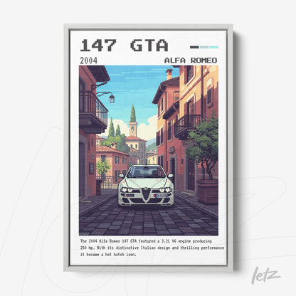 pixel art wall art featuring Alfa Romeo 147 GTA in an urban setting with Italian houses