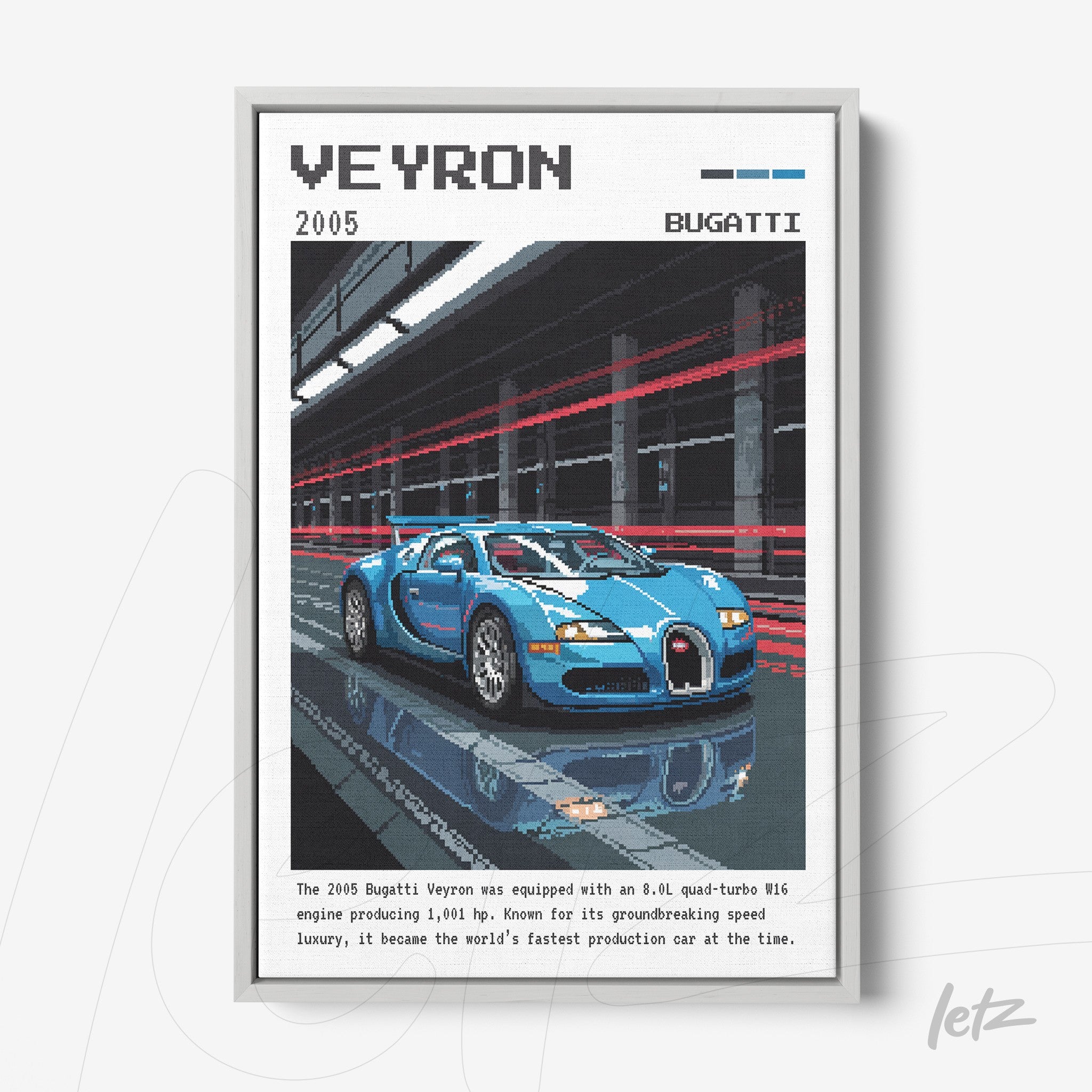 framed wall art featuring the 2005 Bugatti Veyron in pixel art style against an abstract motion blur background