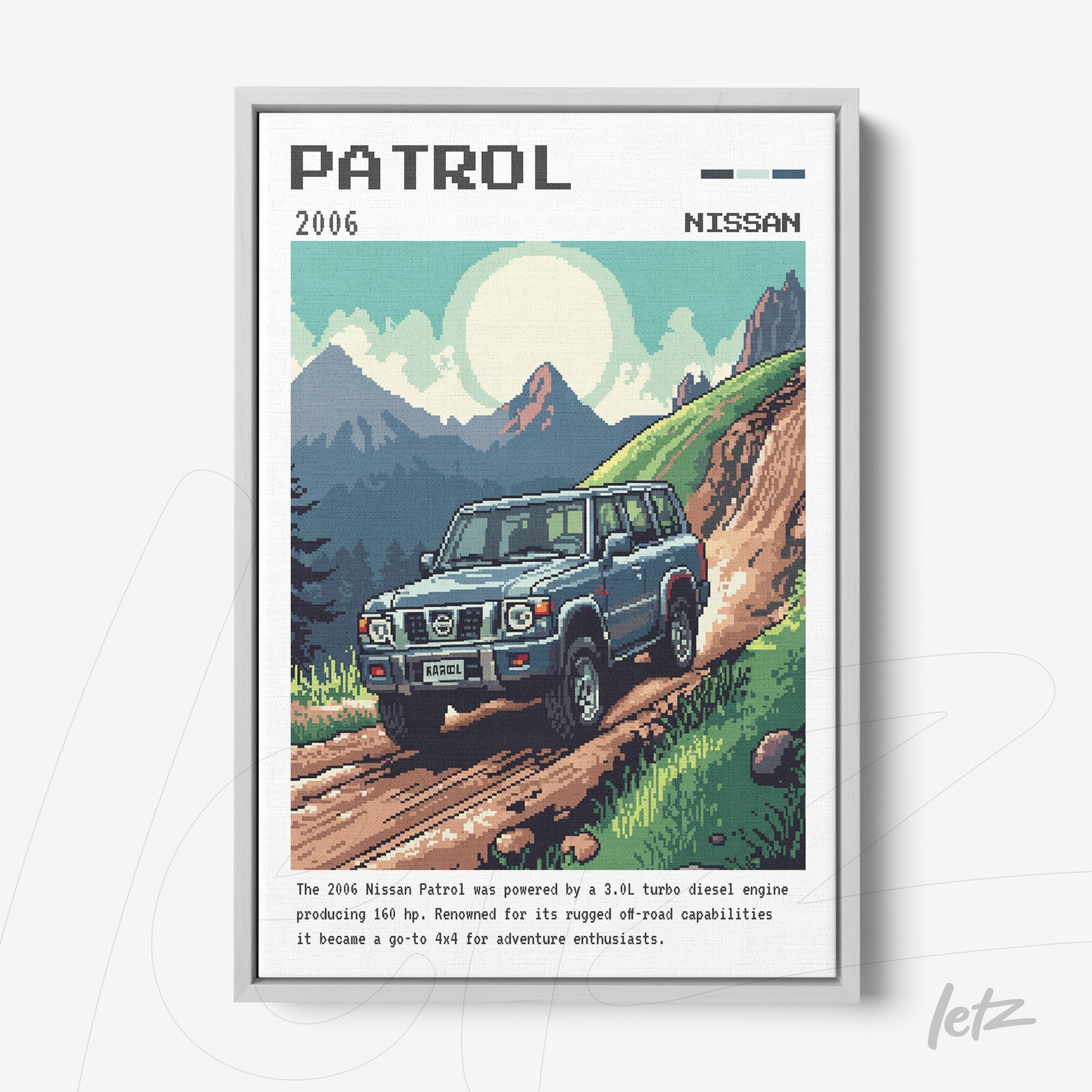 pixel art framed print of a 2006 Nissan Patrol on rugged terrain with mountains and blue sky in the background