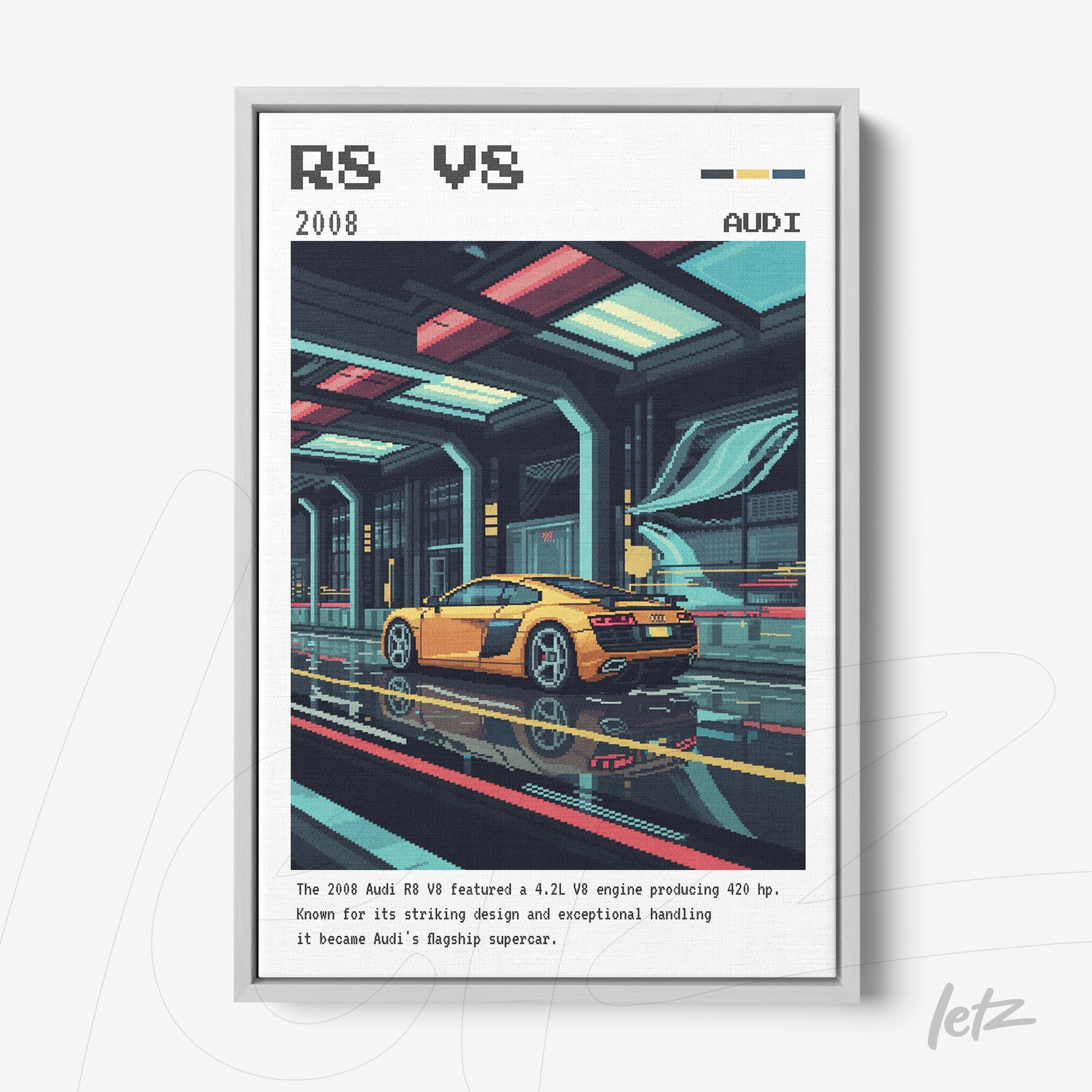 pixel art print of a yellow Audi R8 V8 car in a futuristic garage setting with a reflective floor