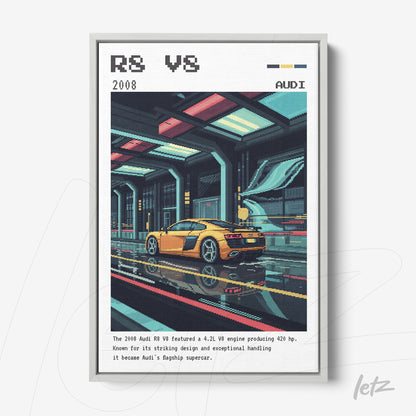 pixel art print of a yellow Audi R8 V8 car in a futuristic garage setting with a reflective floor